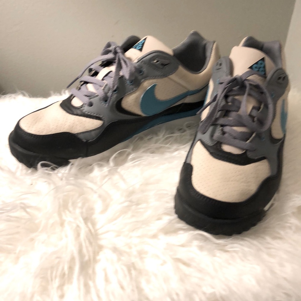 Multicolored (tan, blue, grey, black and white) leather Nike.